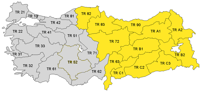 Birincil öncelikli Düzey II bölgeler sarı renk ile, ikincil öncelikli bölgeler gri renk ile gösterilmektedir.